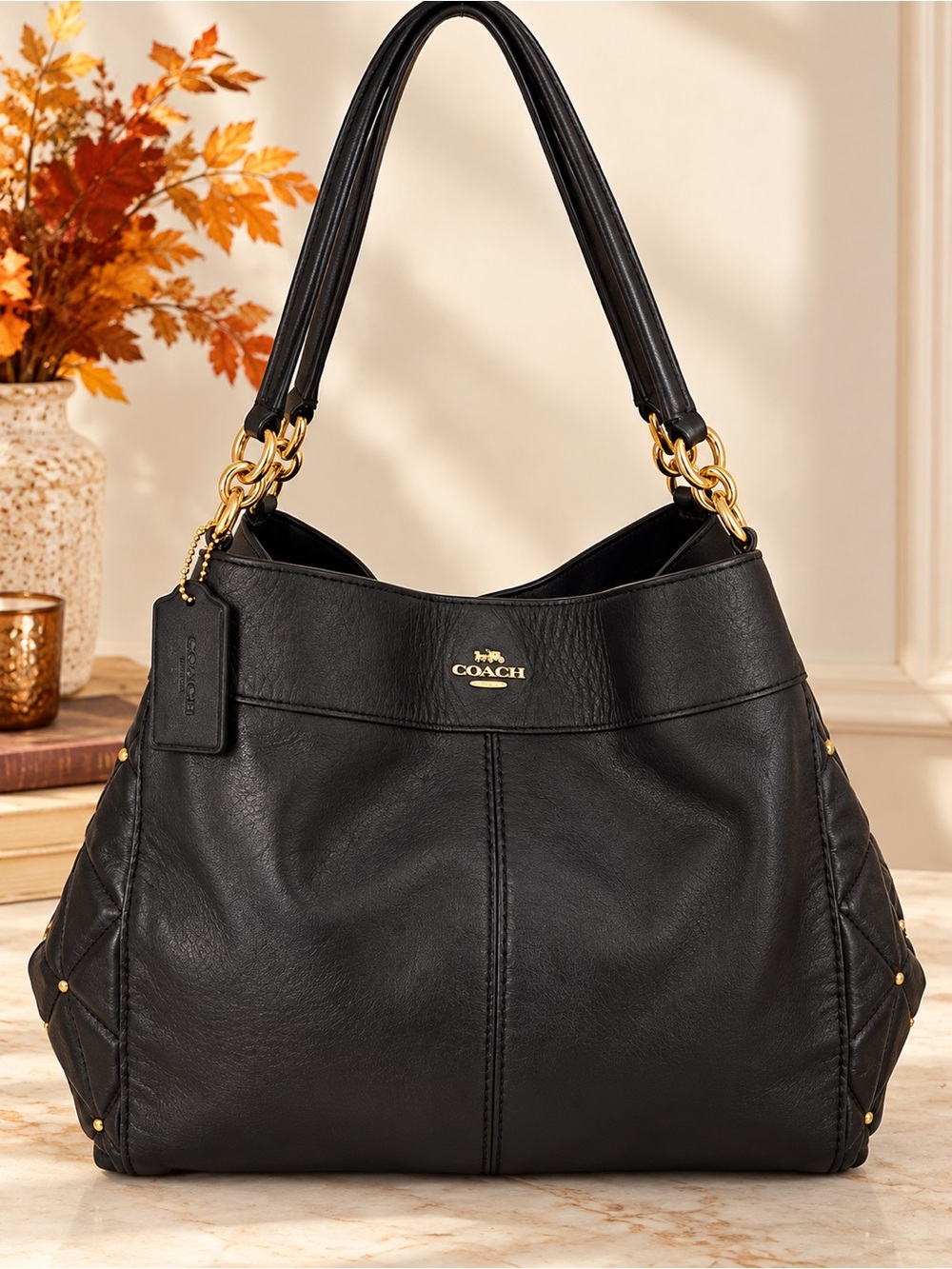 Coach Lexy Black Leather Quilted Studded Shoulder Bag hobo bag F38068